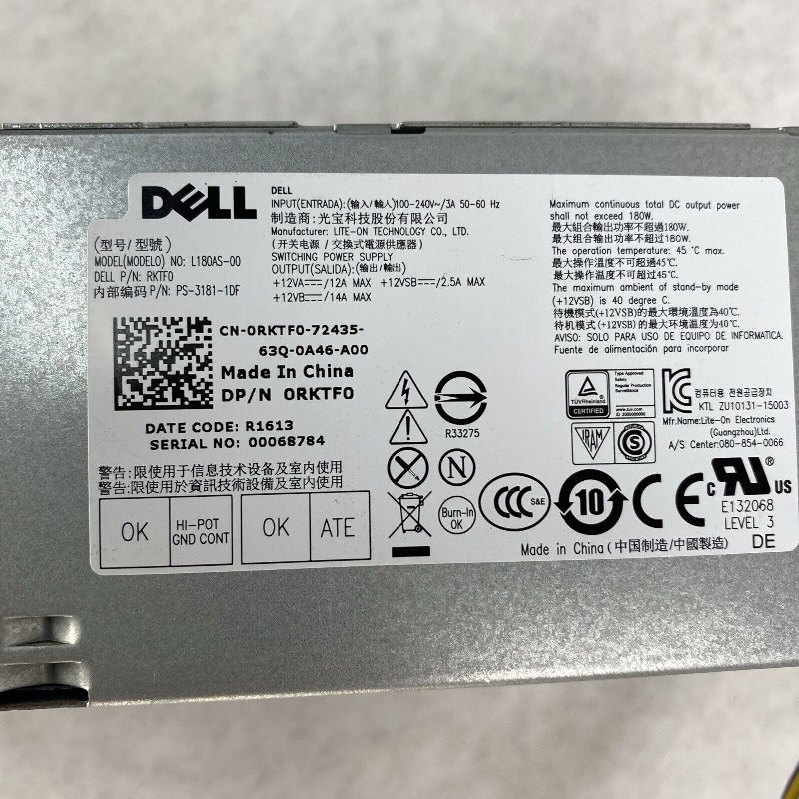 Dell 0RKTF0 180W Power Supply SFF for OptiPlex 3040 Inspiron 3250 Vostro 3250