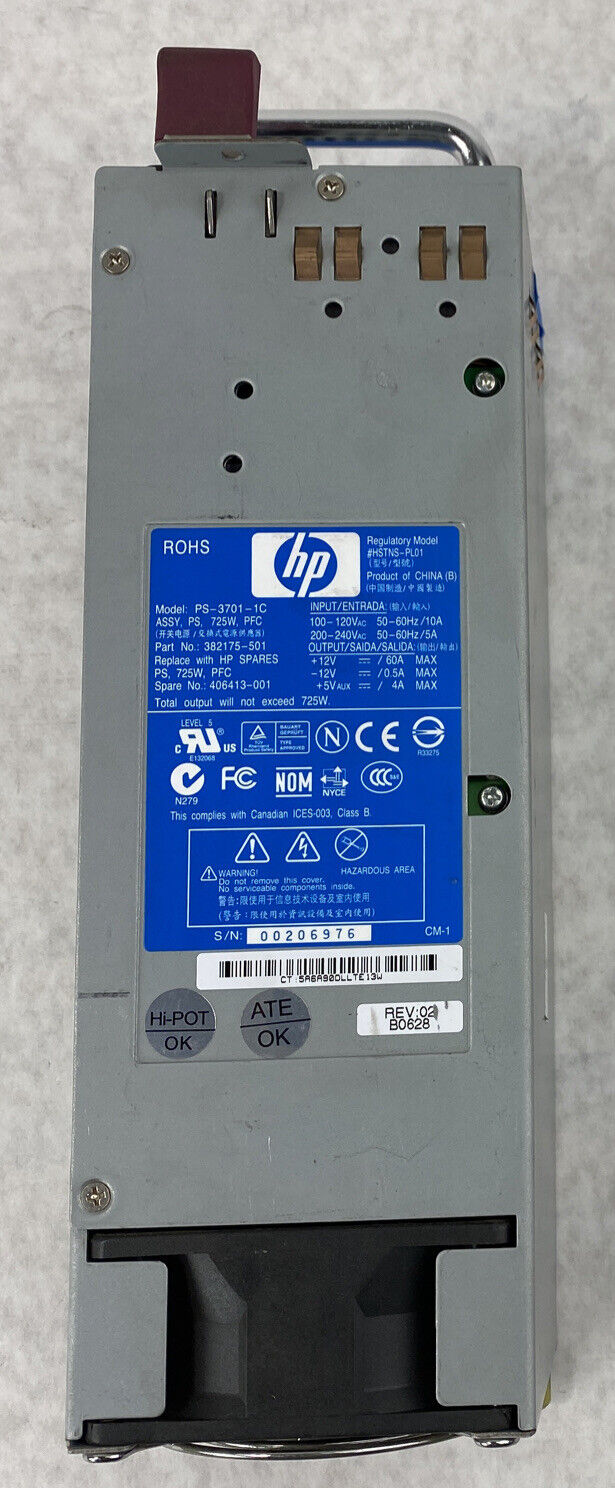 HP 382175-501 Proliant ML350 PS-3701-1C 406413-001 725W Power Supply