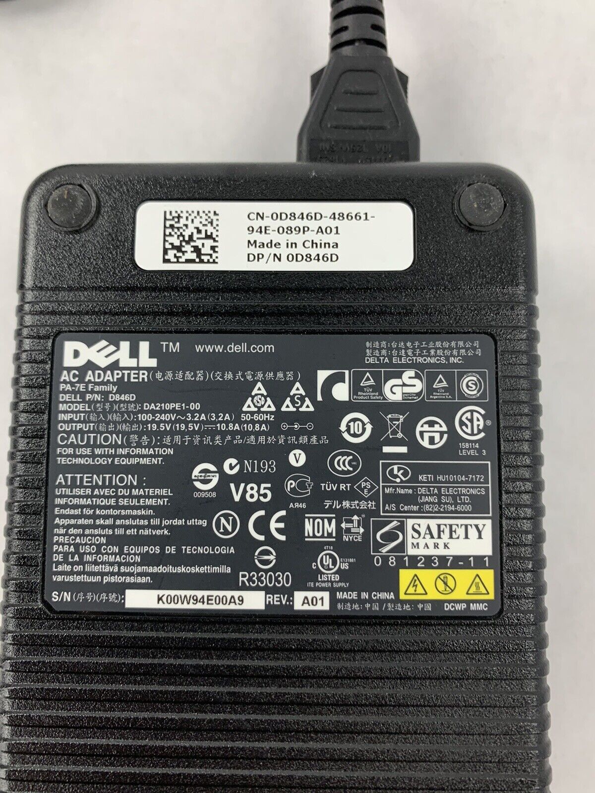 OEM DELL 0D846D 210W AC Adapter 19.5V 10.8A PA-7E DA210PE1-00