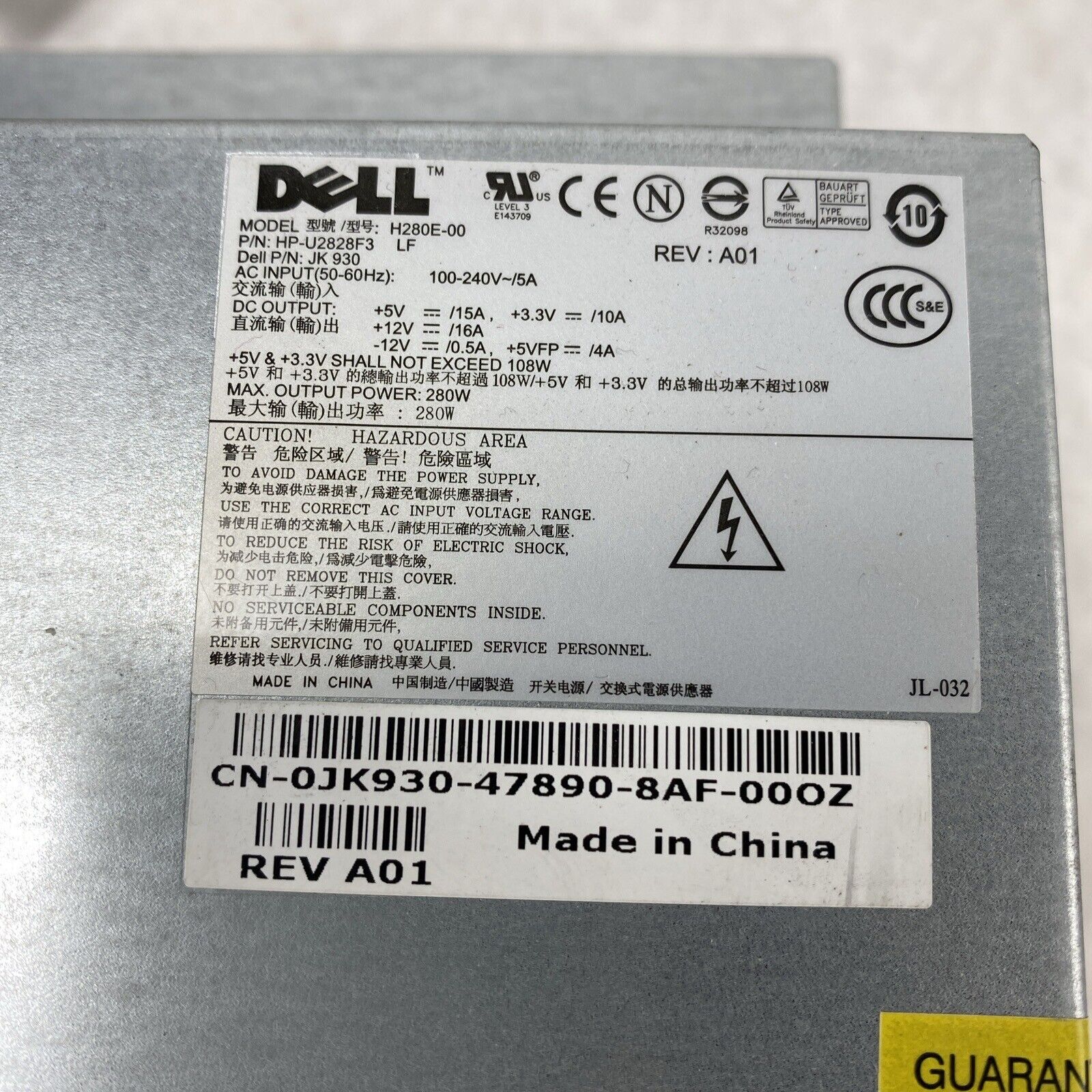 Dell 0JK930 H280E-00 HP-U2828F3 280W DT Power Supply Desktop PSU