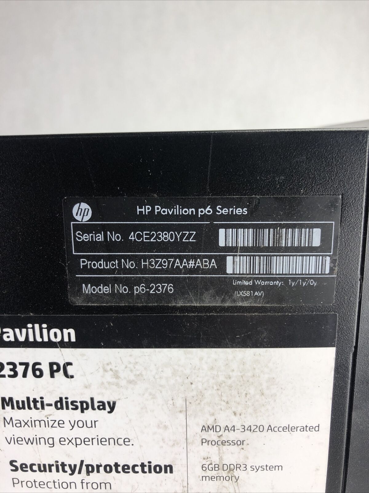 HP Pavilion P62376 MT AMD A4-3420 2.8GHz 4GB RAM No HDD No OS