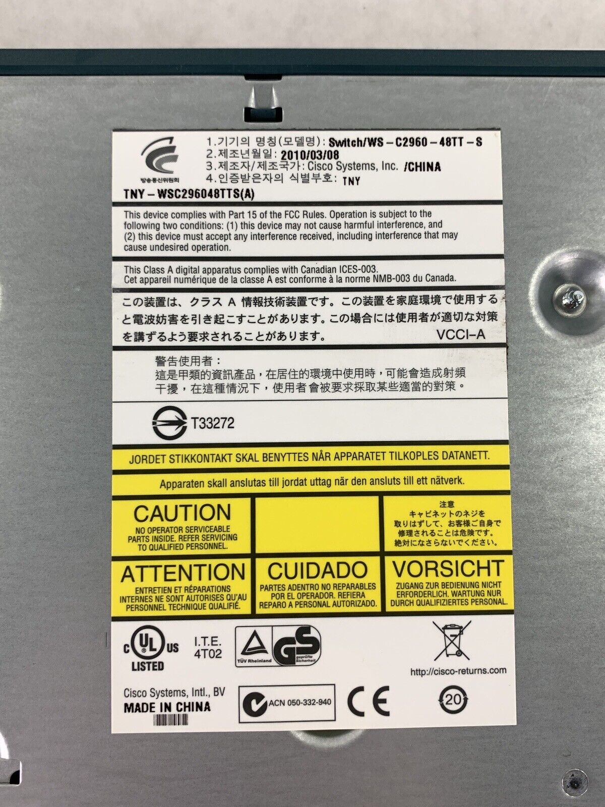 Cisco Catalyst 2960 Series WS-C2960-48TT-S 48 Port Managed Ethernet Switch