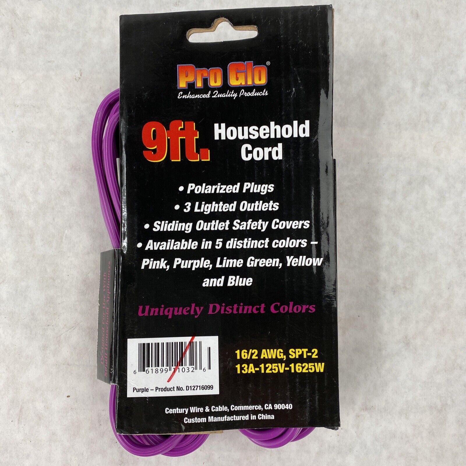 Century Wire Pro Glo 9ft Household Extension Polarized AC Power Cord Purple