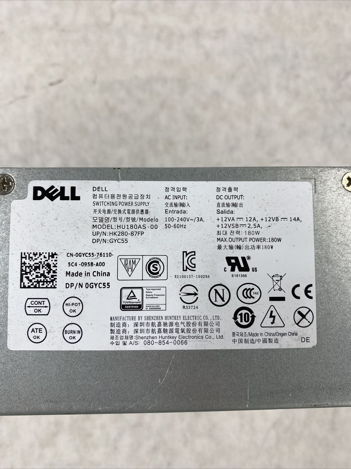 Dell 0GYC55 HU180AS-00 HK280-87FP Computer Power Supply 180W